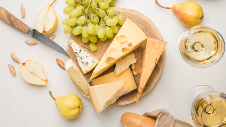 top view of riesling and cheese board 