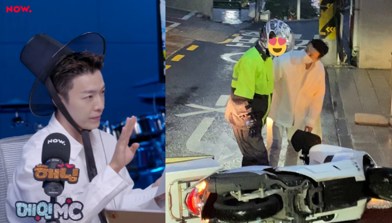 「Super Junior」成員東海昨錄製電台《D&E Show》（左圖）下班後發現有騎士打滑摔倒，趕緊上前關心。（左圖翻攝自NAVER NOW畫面，右圖翻攝自網路）