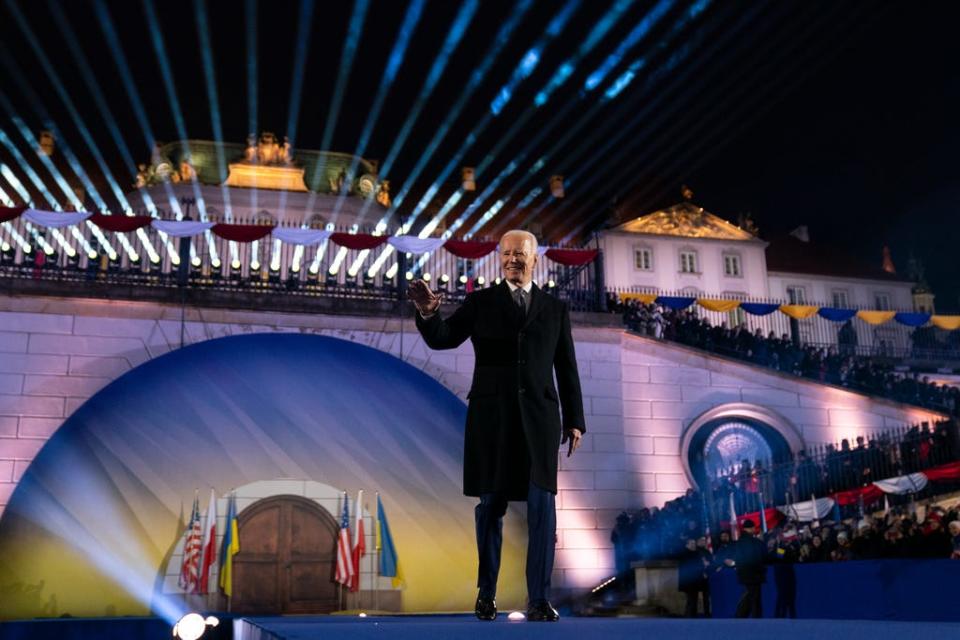 President Joe Biden arrives to deliver a speech marking the one-year anniversary of the Russian invasion of Ukraine, at the Royal Castle Gardens, Tuesday, Feb. 21, 2023, in Warsaw.