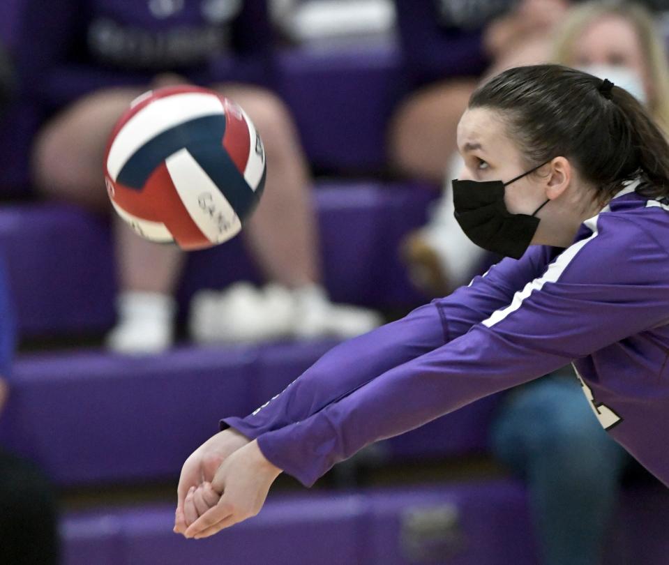 BOURNE 05/03/21   Kendall Fortune of Bourne digs out an Apponequet shot.  girls volleyballRon Schloerb/Cape Cod Times