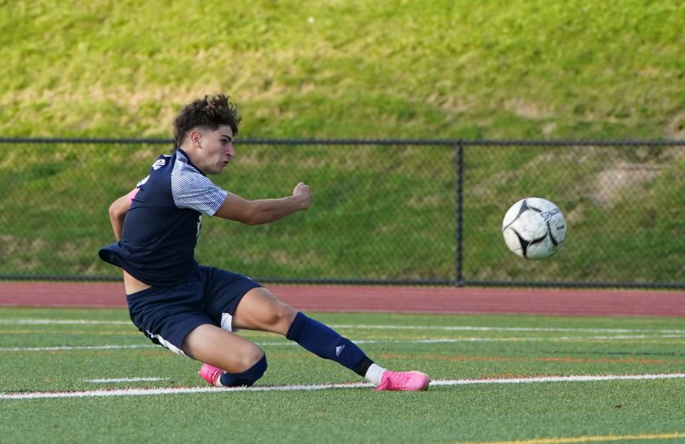 Briarcliff's Emilio Abud-Chalita (7) puts a shot in the goal during boys soccer action at Briarcliff High School in Briarcliff Manor on Thursday, October 5, 2023. Briarcliff won 4-1.