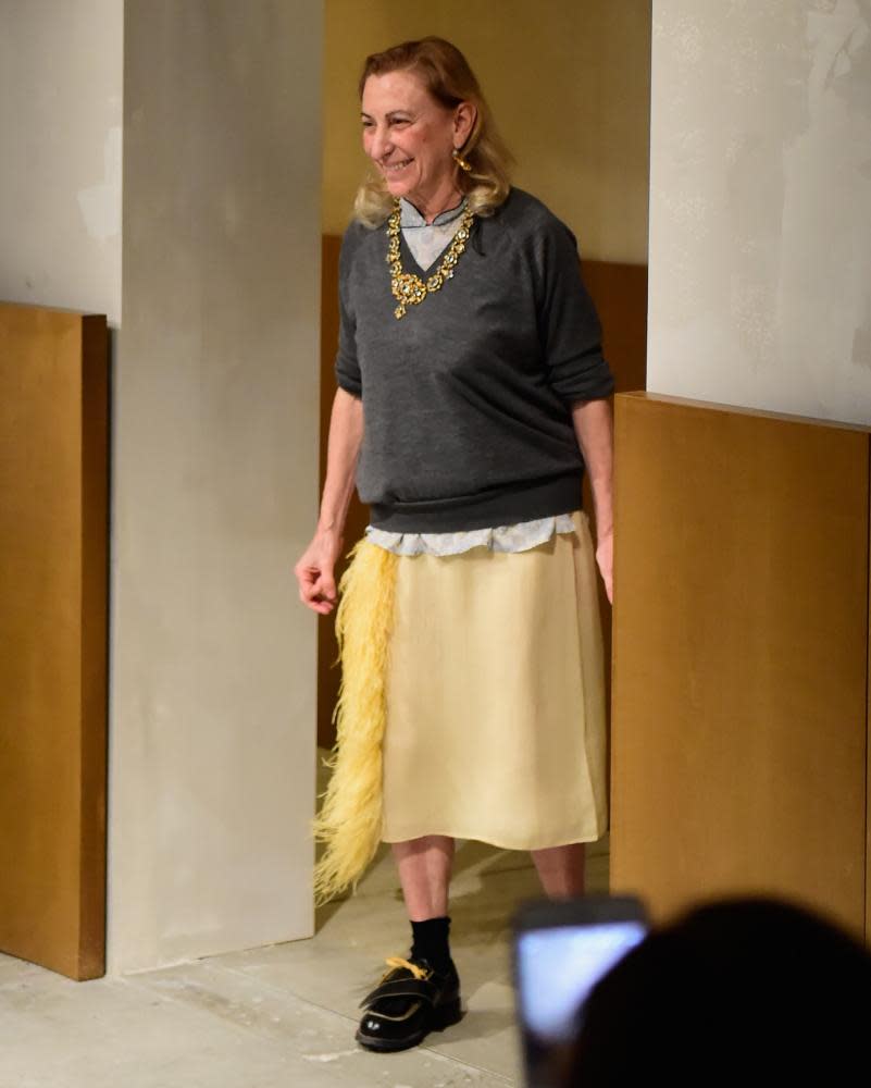 Miuccia Prada in her V-neck, Milan men’s fashion week, 2017.