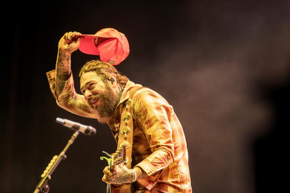 Post Malone performs a special set of country covers on the Mane Stage during Stagecoach in Indio, Calif., on Saturday, April 27, 2024.