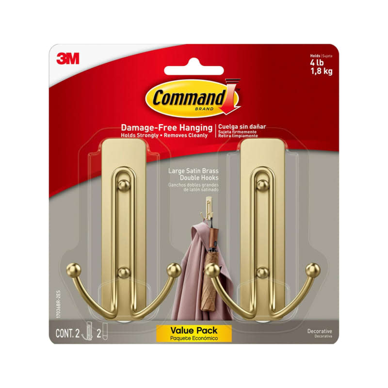 Command Large Wall Hooks with 2 Satin Brass Plastic Hooks