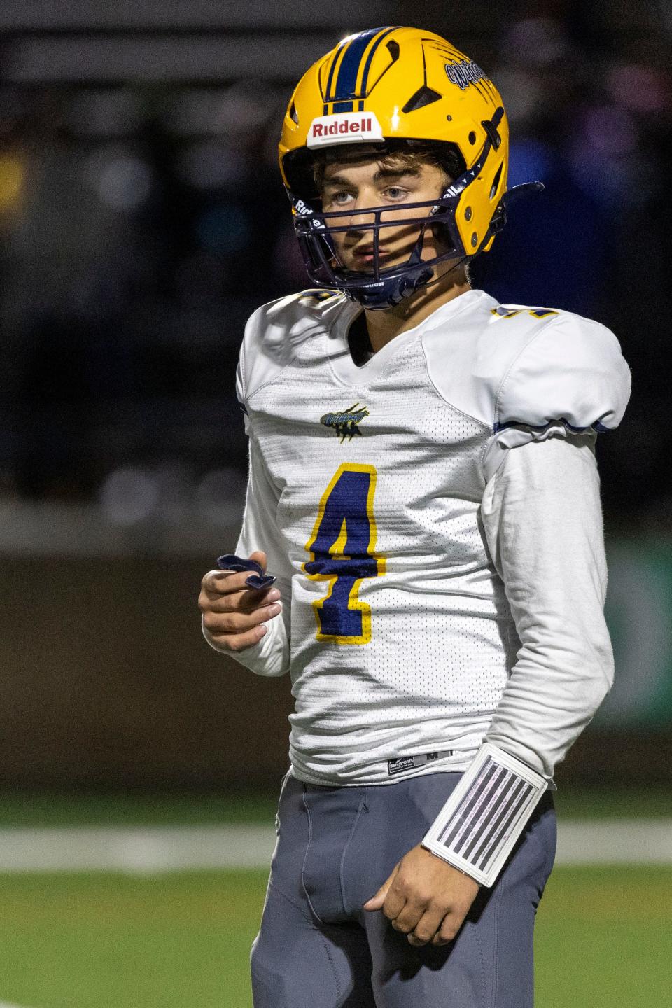 South Bend Riley’s Austin White (4) looks to the sidelines for the play during the South Bend Riley-South Bend Washington high school football game on Friday, September 23, 2022, at TCU School Field in South Bend, Indiana.