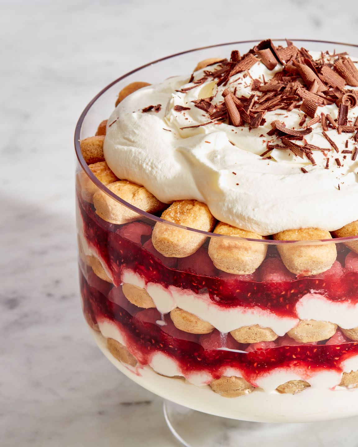 trifle dish of raspberry tiramisu