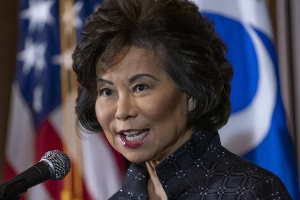 Transportation Secretary Elaine Chao speaks to reporters about President Donald Trump's decision to revoke California's authority to set auto mileage standards stricter than those issued by federal regulators, at EPA headquarters in Washington, Wednesday, Sept. 18, 2019. (AP Photo/J. Scott Applewhite)