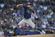 Tampa Bay Rays starter Shane McClanahan delivers a pitch during the first inning of a baseball game against the Chicago Cubs Tuesday, May 30, 2023, in Chicago. (AP Photo/Paul Beaty)