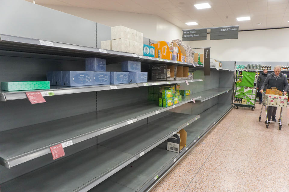 A general view of an empty shelve with toilet tissues is seen  in Waitrose, Sheffield, UK as shoppers due to panic buying of essential goods during the coronavirus outbreak , in Sheffield , on 8th of March 2020.  (Photo by Giannis Alexopoulos/NurPhoto via Getty Images)