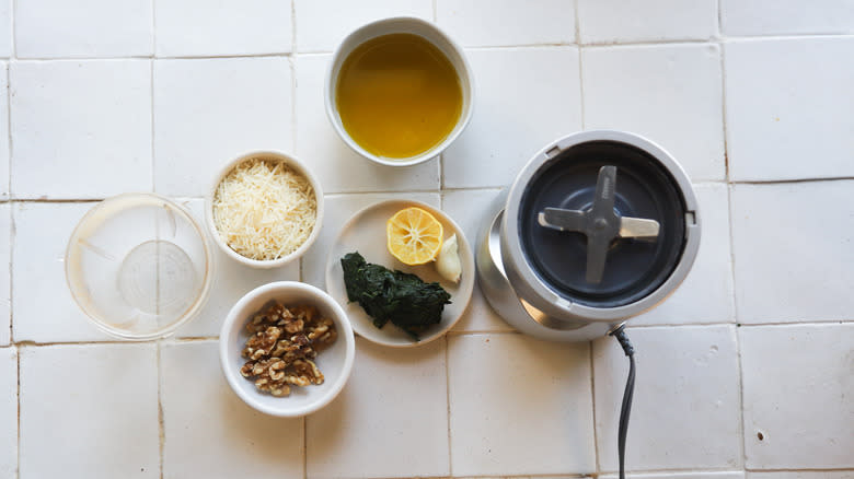 Various ingredients for kale pesto