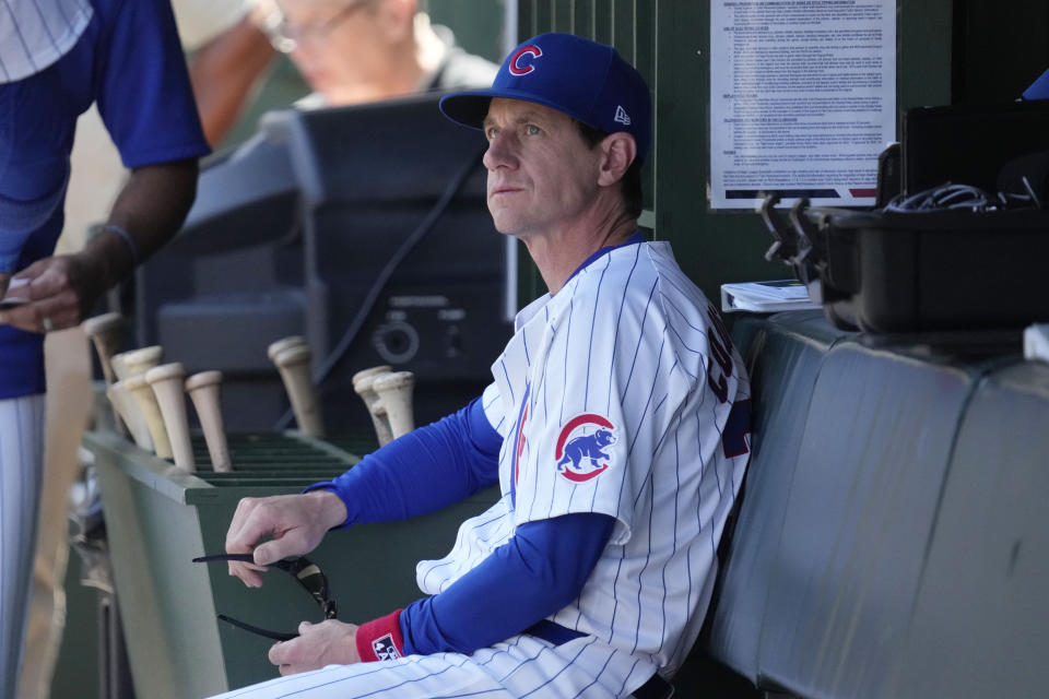 Chicago Cubs manager Craig Counsell looks to the field before a baseball game against the Cincinnati Reds in Chicago, Sunday, June 2, 2024. (AP Photo/Nam Y. Huh)