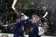 Nov 4, 2016; Columbus, OH, USA; Columbus Blue Jackets left wing Nick Foligno (71) and goalie Sergei Bobrovsky (72) celebrate after the game against the Montreal Canadiens during the third period at Nationwide Arena. Columbus shutout Montreal 10-0. Mandatory Credit: Russell LaBounty-USA TODAY Sports