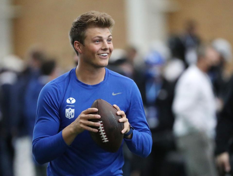 Quarterback Zach Wilson warms up during BYU’s pro day in Provo on Friday, March 26, 2021. | Jeffrey D. Allred, Deseret News