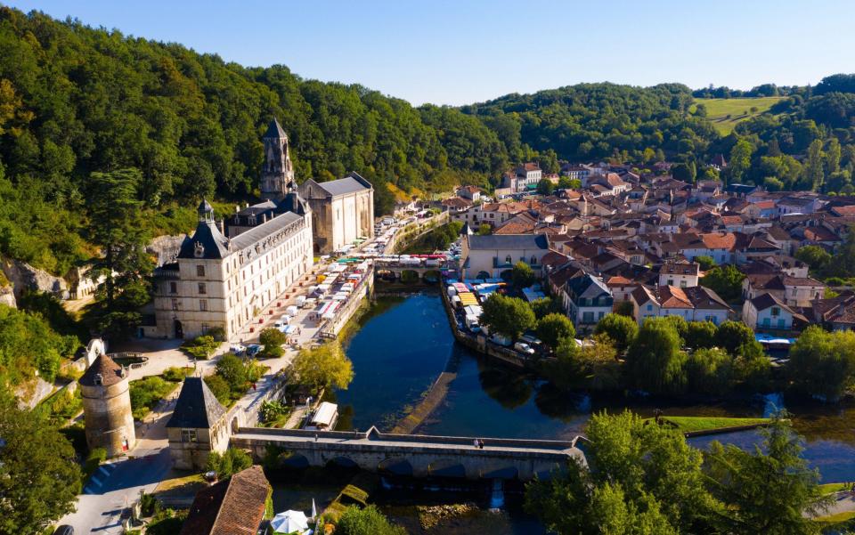 Drone view of Brantome and Perigord on the Dronne River in summer, France