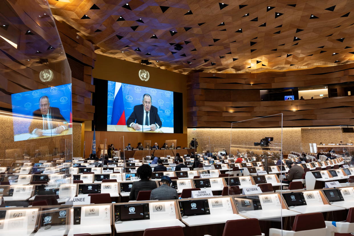 Russian Foreign Minister Sergei Lavrov's (on screen) pre-recorded video message is played at the 49th session of the UN Human Rights Council at the European headquarters of the United Nations in Geneva, Switzerland March 1, 2022.  Salvatore Di Nolfi/Pool via REUTERS