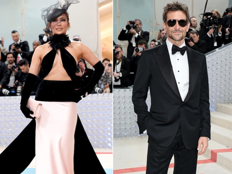 A side-by-side of Jennifer Lopez and Bradley Cooper at the 2023 Met Gala.