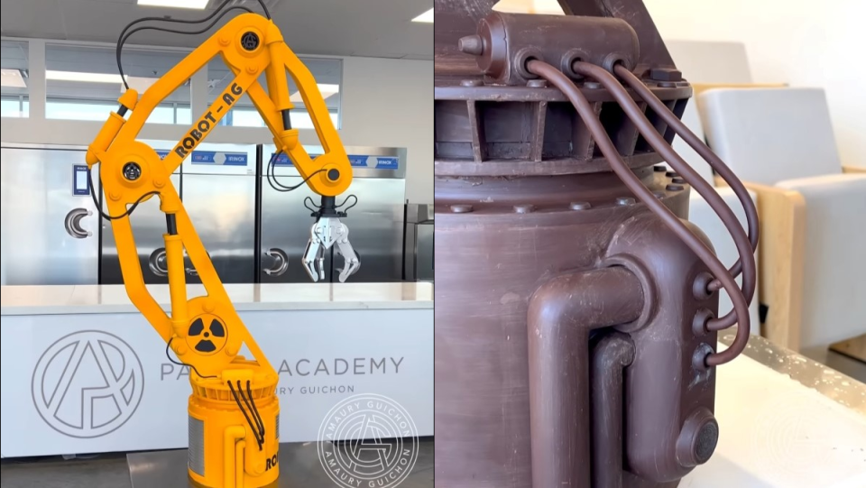 A five foot robotic arm made entirely of chocolate and a picture of it before being painted yellow