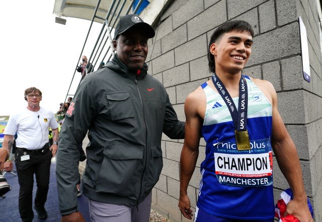 Nine-time Olympic champion Carl Lewis stands with Great Britain's Louie Hinchliffe after the Sheffield athlete became British champion