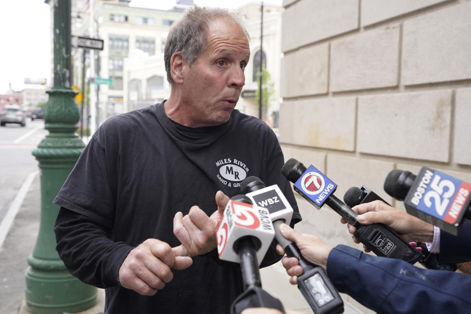 Paul Ventura, father of 18-year-old Mateo Ventura, both of Wakefield, Mass., speaks with reporters outside federal court, Thursday, June 8, 2023, in Worcester, Mass. Mateo Ventura appeared in federal court Thursday on a charge of knowingly concealing the source of material support or resources to a foreign terrorist organization, the U.S. attorney's office in Boston said in a statement. (AP Photo/Steven Senne)