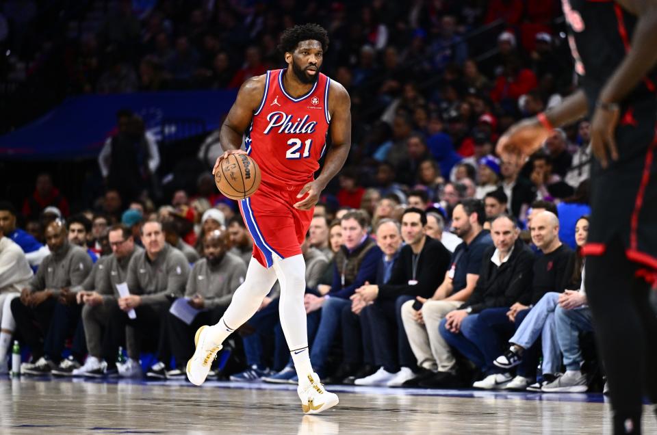 Philadelphia 76ers center Joel Embiid controls the ball against the Toronto Raptors.