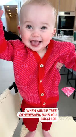 <p>Kaley Cuoco/Instagram</p> Cuoco posted a cute snap of Matilda rocking a Gucci pullover on Instagram