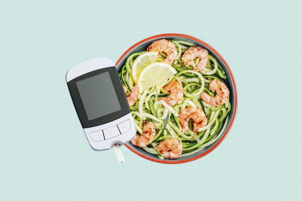 a collage featuring a glucose monitor and a bowl of zucchini noodles with shrimp and lemon