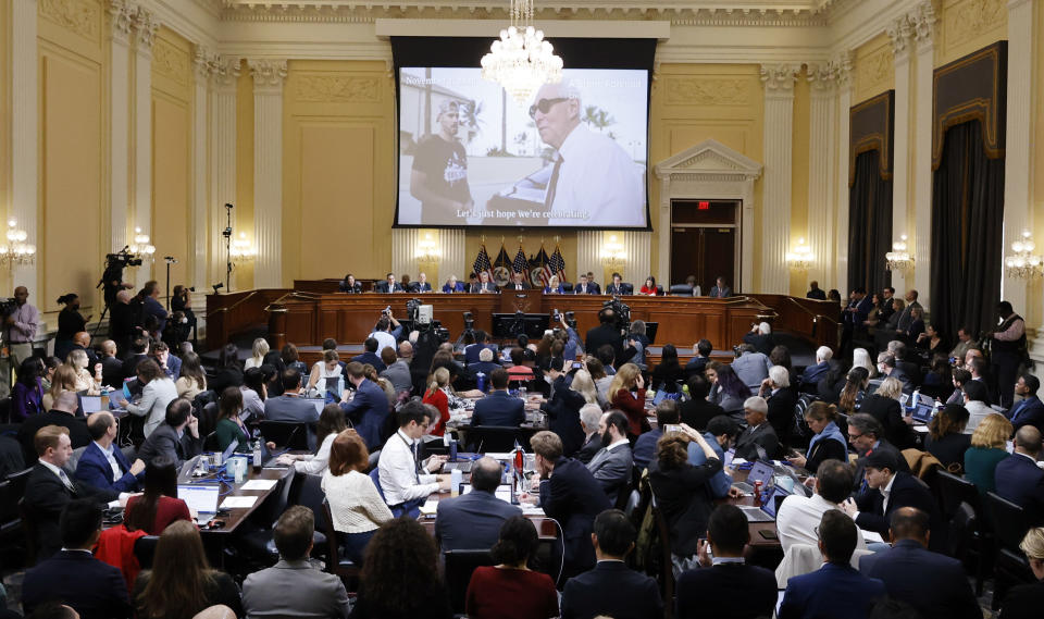 The U.S. House Select Committee to Investigate the January 6 Attack on the U.S. Capitol plays a video of former U.S. President Donald Trump's longtime associate and political advisor Roger Stone during a hearing on the January 6th investigation in the Cannon House Office Building on October 13, 2022 in Washington, DC. The bipartisan committee, in possibly its final hearing, has been gathering evidence for almost a year related to the January 6 attack at the U.S. Capitol.  On January 6, 2021, supporters of former President Donald Trump attacked the U.S. Capitol Building during an attempt to disrupt a congressional vote to confirm the electoral college win for President Joe Biden.