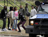 Protesters clash with police near Mondawmin Mall April 27, 2015. REUTERS/Sait Serkan Gurbuz