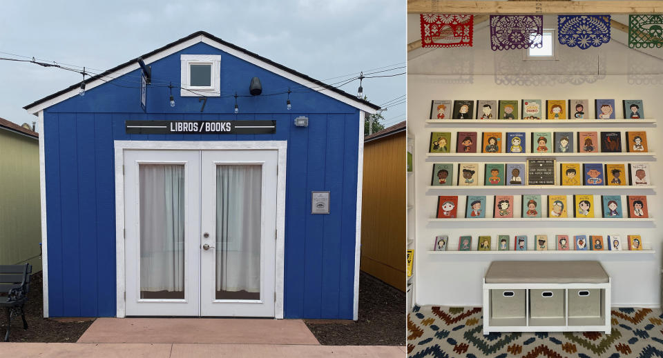 En esta combinación de fotos, la librería Los Amigos Books en Berwyn, Illinois. La tienda de Laura Romani se enfoca en libros para niños en inglés y español. (Laura Rodríguez-Romaní vía AP)