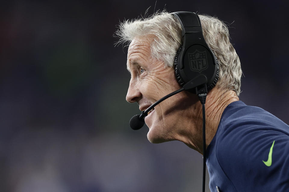 Seattle Seahawks head coach Pete Carroll reacts during the first quarter of an NFL football game against the New York Giants, Monday, Oct. 2, 2023, in East Rutherford, N.J. (AP Photo/Adam Hunger)