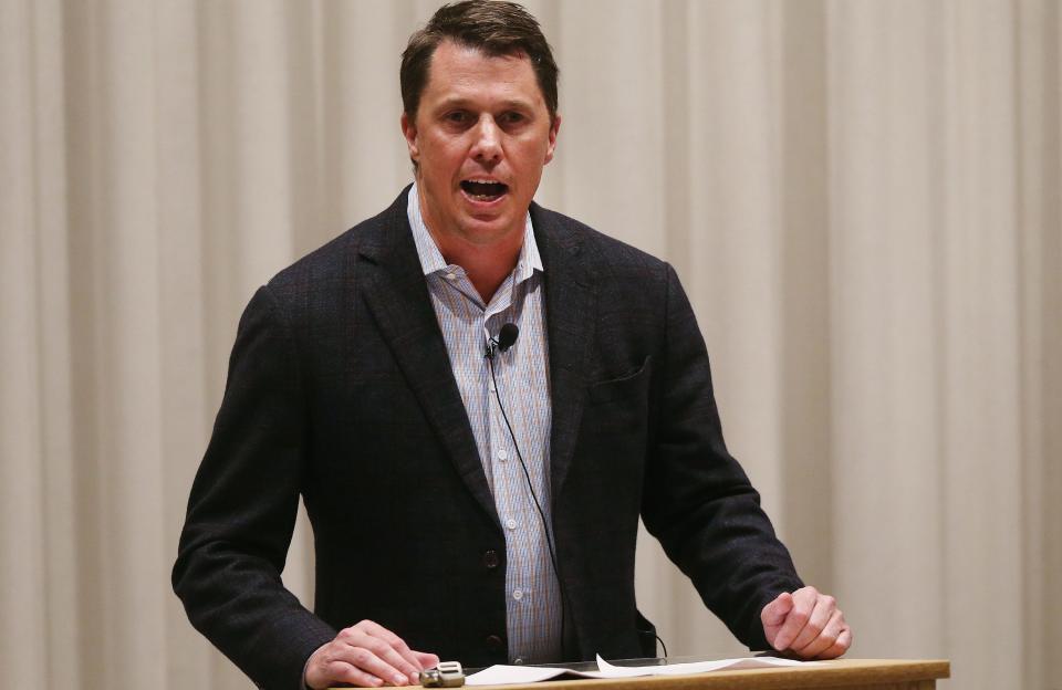 Iowa 4th district GOP candidates challenger Kevin Virgil (left) talks in a candidate forum at Western Iowa Tech Community College on Thursday, May 30, 2024, in Cherokee, Iowa.