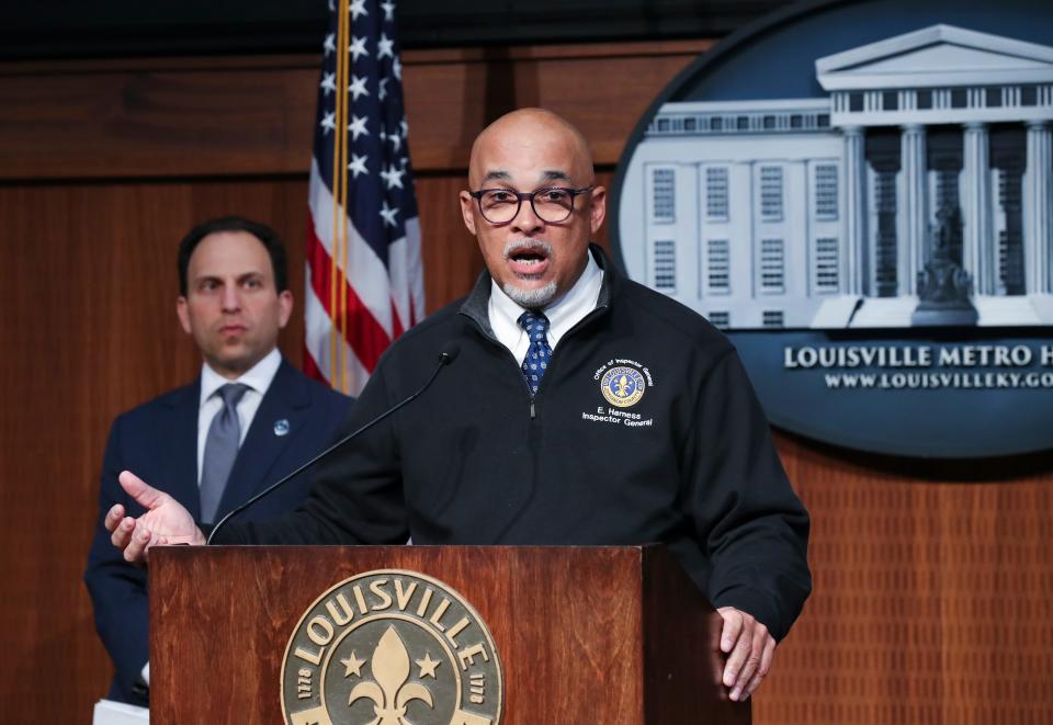 Louisville Inspector General Ed Harness, right, made remarks as Mayor Craig Greenberg looked on during a press conference to announce that the Louisville Metro Police Department has reached an agreement with the Office of Inspector General at Metro Hall in Louisville, Ky. on Mar. 14, 2023.  The agreement is in response to the recent findings of the Department of Justice critical of LMPD.