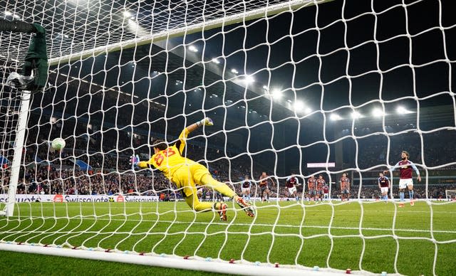 Aston Villa’s Douglas Luiz takes and misses a penalty