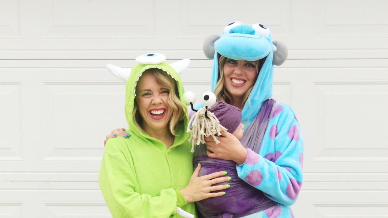 trio halloween costumes mike boo and sulley from 'monsters inc'
