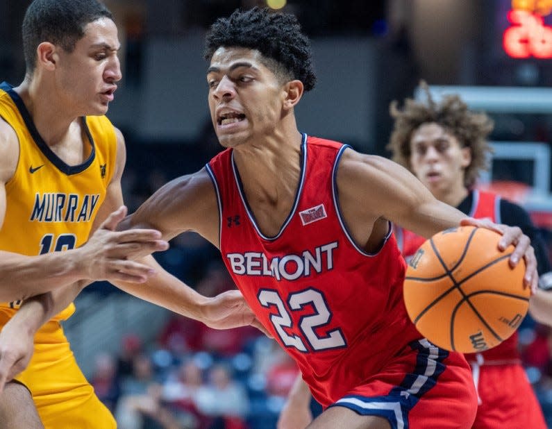 Belmont's Ben Sheppard (22) drives against Murray State's Quincy Anderson in Tuesday night's game at Curb Event Center.
(Photo: SAM SIMPKINS / BELMONT)