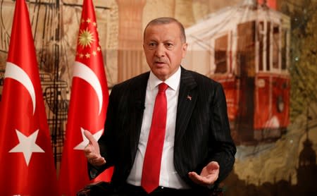 Turkish President Tayyip Erdogan speaks during an interview with Reuters in Istanbul