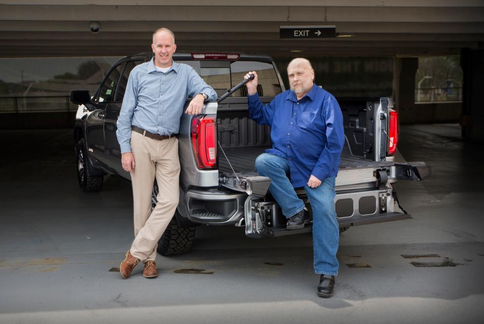 L to R:  Derek Patterson, lead integration engineer for Multipro System and Jim Gobart, engineering technician both worked to create the GMC Sierra MultiPro tailgate, seen here at the GM Vehicle Engineering Center in Warren., Mich., Thursday, May 16,  2019. The concept began with the two men talking to workers about what they want and need in a truck.