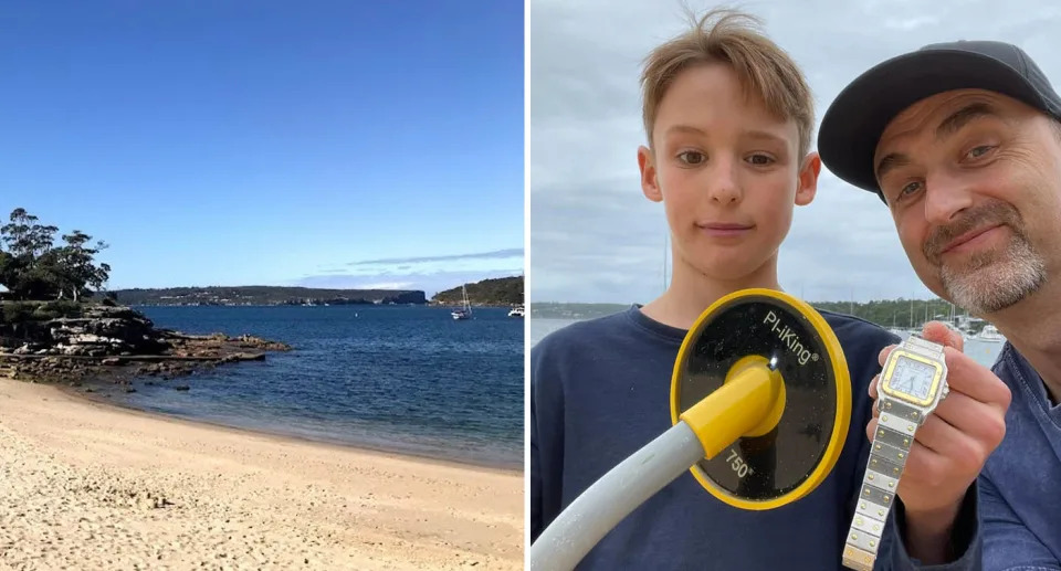 A photo of Balmoral Beach in Sydney where a man lost his Cartier watch. A photo of Josh and hid dad Simon, who found the Cartier Santos watch at Balmoral Beach with a metal detector.