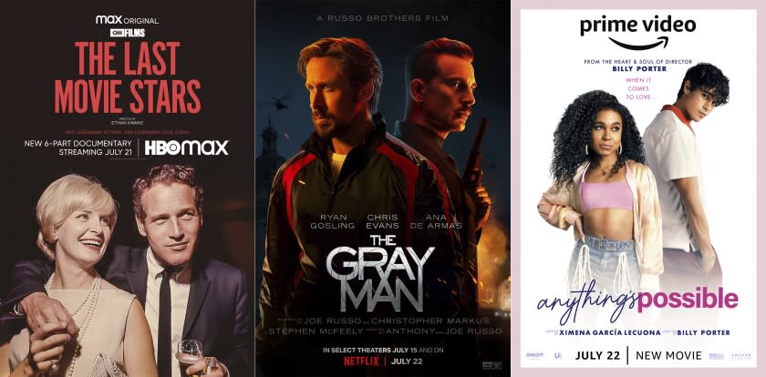 En esta combinación de fotos, el arte promocional de "The Last Movie Stars", un documental que se estrena en HBO Max el 21 de julio; "The Gray Man", una película que denuta en Netflix el 22 de julio, y "Anything's Possible", un film que se estrena en Amazon Prime Video el 22 de julio. (HBO Max/Netflix/Prime Video vía AP)