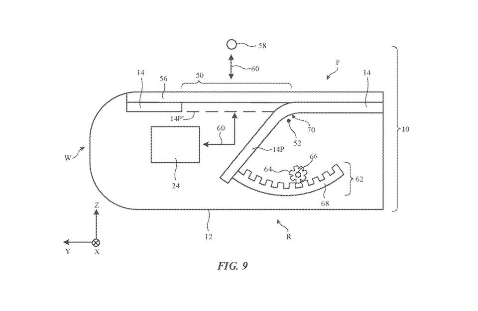 Display (14) features a window (50) under a transparent panel (56). A display portion (14P) opens and closes to let light pass between an object (58) and a sensor (24). - Credit: Apple via USPTO