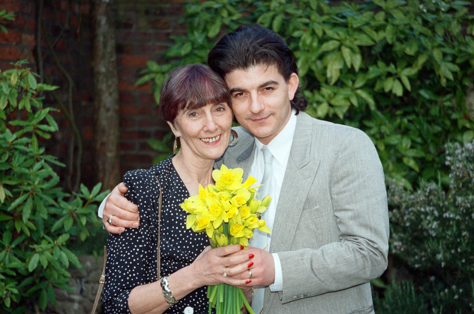 EastEnders stars June Brown (Dot Cotton) and John Altman (Nick Cotton). 23rd March 1990. (Photo by Mike Maloney/Mirrorpix/Getty Images)