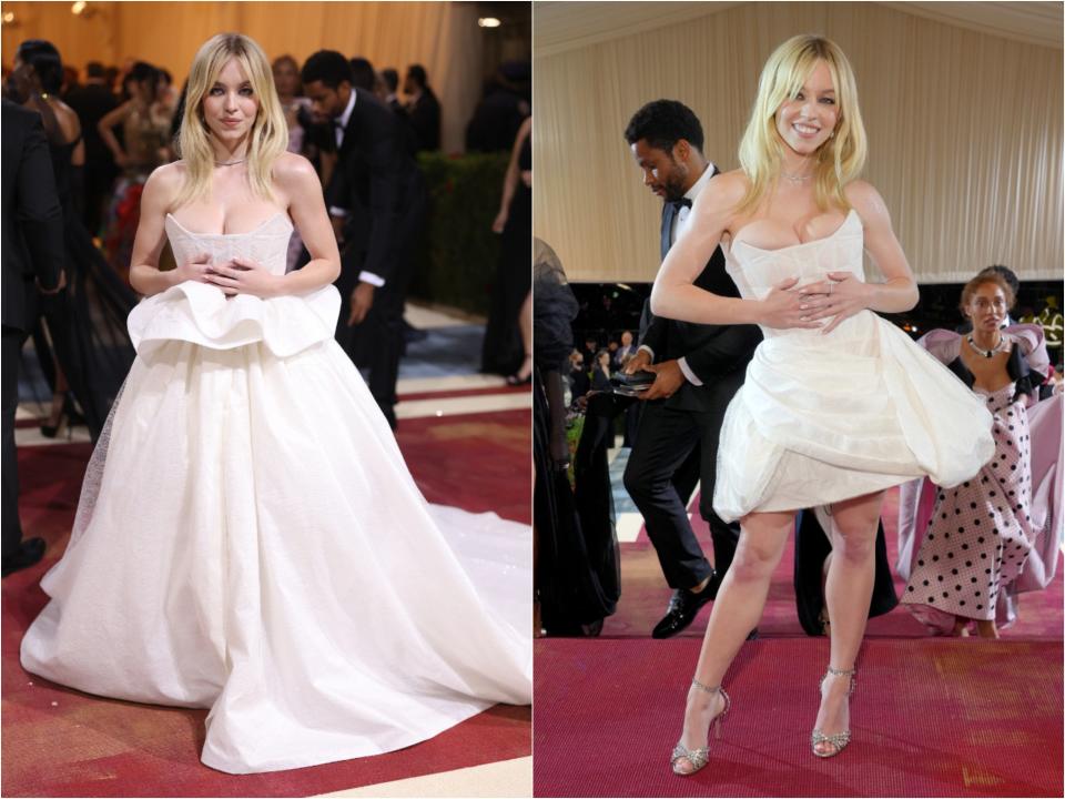 Side by side of Sydney in a white corset bodice and an oversized full skirt with a peplum around the waist. She removed it to show a wide and ruched tulle miniskirt below the corset.