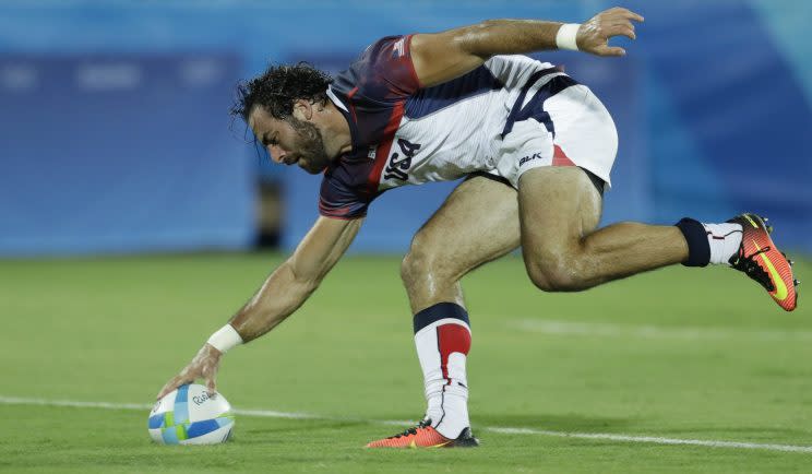 Patriots safety Nate Ebner scored a try in the United States' rugby sevens match on Tuesday (AP)
