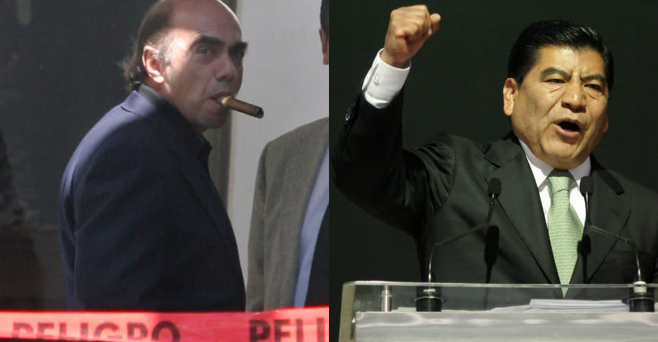 Kamel Nacif fumando un puro y Mario Marín en informe cuando era gobernador