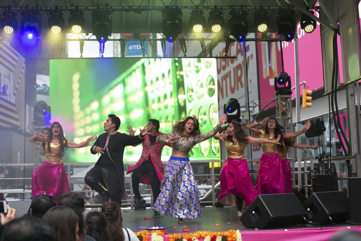 Bollywood-style dancers perform during the Diwali at a Times Square celebration Saturday, Oct. 7, 2017, in Manhattan, New York.