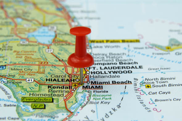 push pin pointing at miami  usa