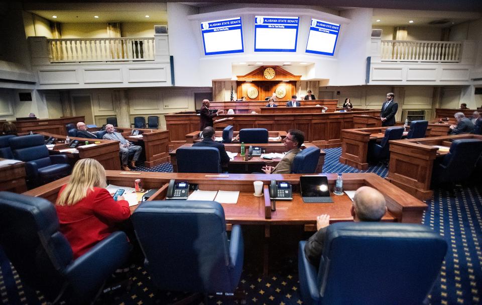 Debate on transgender bills during the legislative session in the senate chamber at the Alabama Statehouse in Montgomery, Ala., on Thursday April 7, 2022.