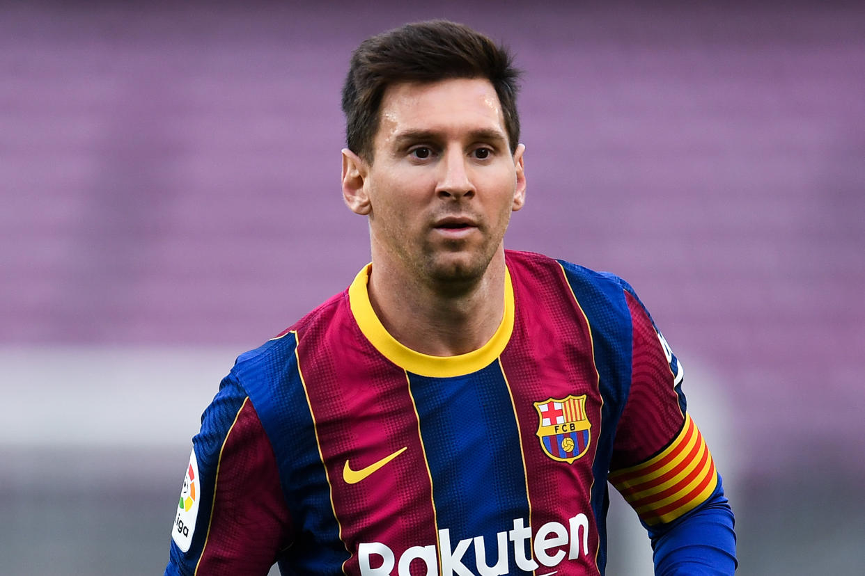 BARCELONA, SPAIN - MAY 16: Lionel Messi of FC Barcelona looks on during the La Liga Santander match between FC Barcelona and RC Celta at Camp Nou on May 16, 2021 in Barcelona, Spain. Sporting stadiums around Spain remain under strict restrictions due to the Coronavirus Pandemic as Government social distancing laws prohibit fans inside venues resulting in games being played behind closed doors. (Photo by David Ramos/Getty Images)