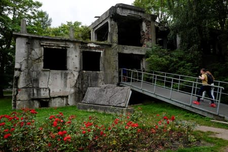 People visit the World War Two Westerplatte Memorial in Gdansk