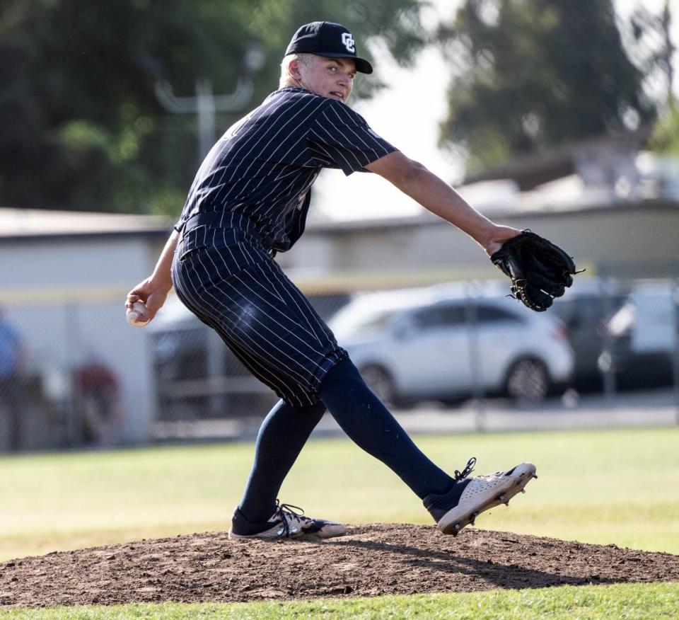 Central Catholic pitcher TP Wentworth delivers a pitch during the Northern California Regional Division III semifinal playoff game with Arcata at Central Catholic High School in Modesto, Calif., Thursday, June 1, 2023.